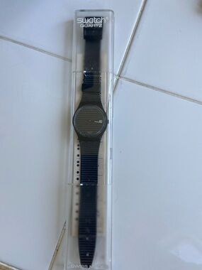 Swatch Black Striped Dial Watch with Subtle Red Second Hand-needs a battery
